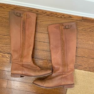 Brown cognac leather riding boots w braided detail